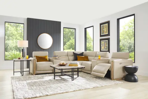 Stefano Almond Leather 7 Pc Dual Power Reclining Sectional