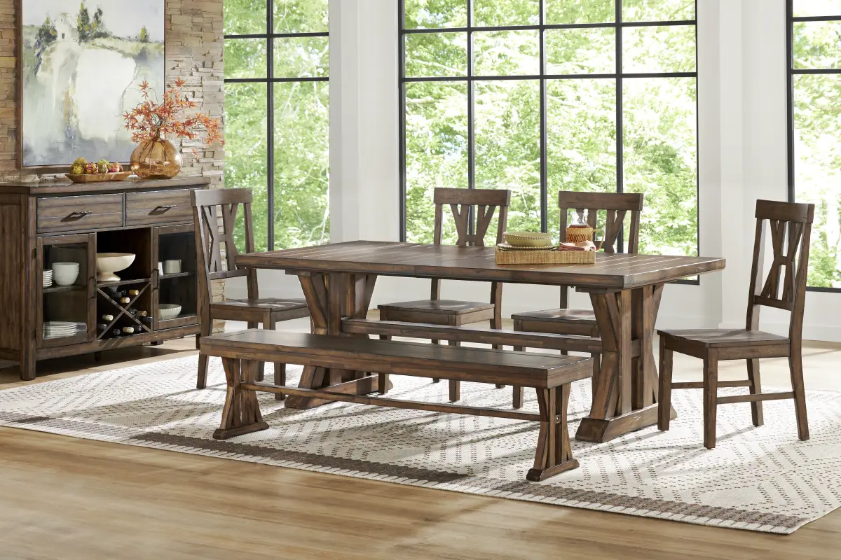 Covered Bridge 6 Pc Tobacco Dark Wood Beige Dining Room Set With Dining Table, Side Dining Chair, Dining Bench