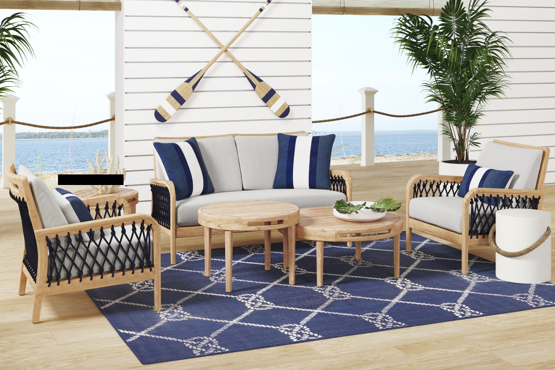 Riva Blonde 5 Pc Outdoor Loveseat Seating Set with Dove Cushions - Image 1