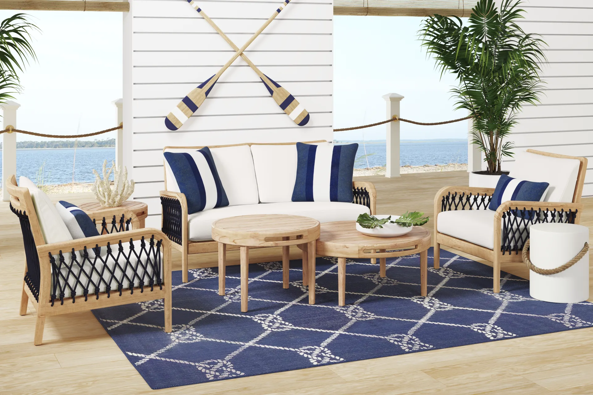 Riva Blonde Outdoor Loveseat with White Cushions - Image 1