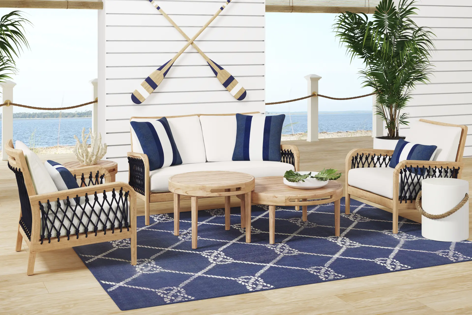 Riva Blonde 6 Pc Outdoor Loveseat Seating Set with White Cushions
