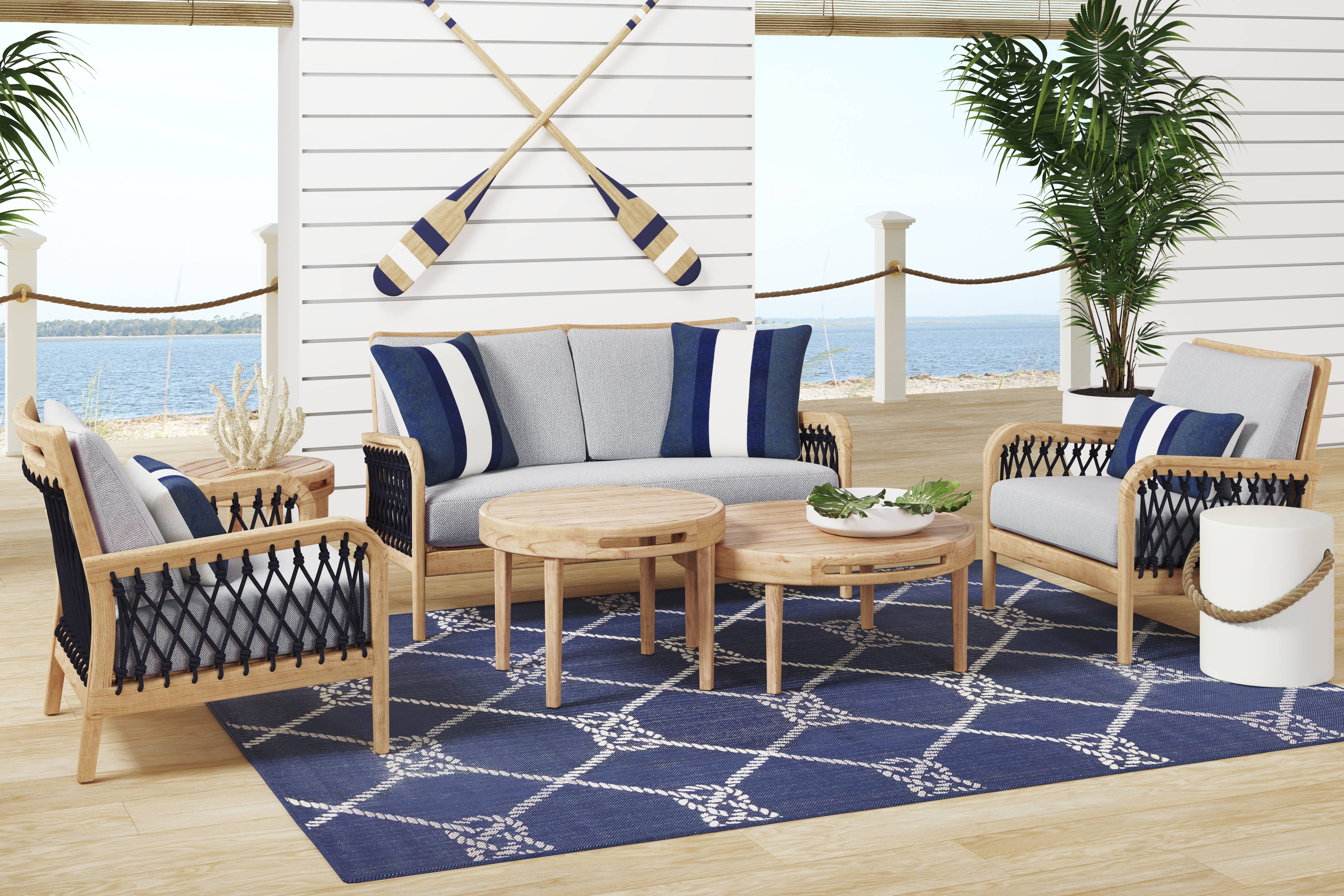 Riva Blonde 5 Pc Outdoor Loveseat Seating Set with Slate Cushions - Thumbnail - Image 1