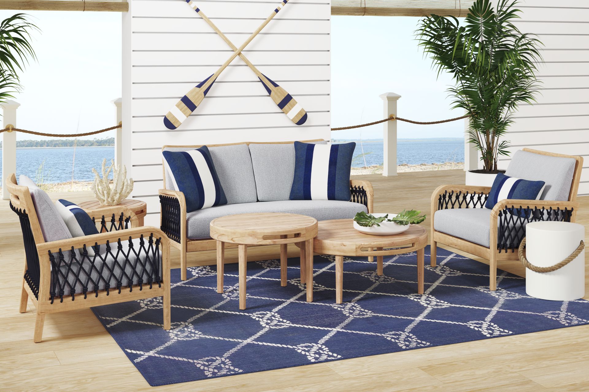 Riva Blonde 5 Pc Outdoor Loveseat Seating Set with Slate Cushions - Image 1