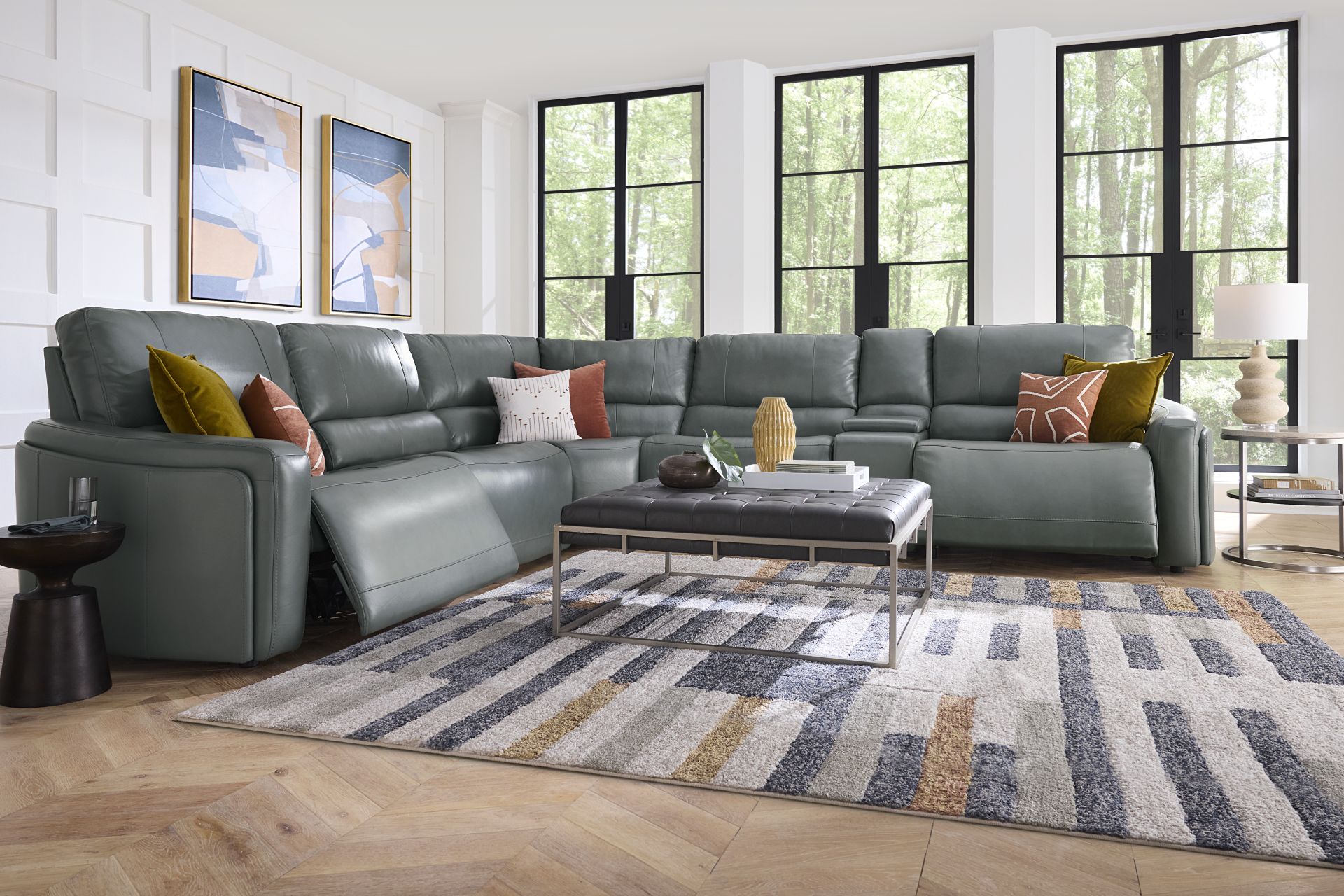 Cascade Way by Shaquille O'Neal Home Blue Leather 6 Pc Dual Power Reclining Sectional - Image 2