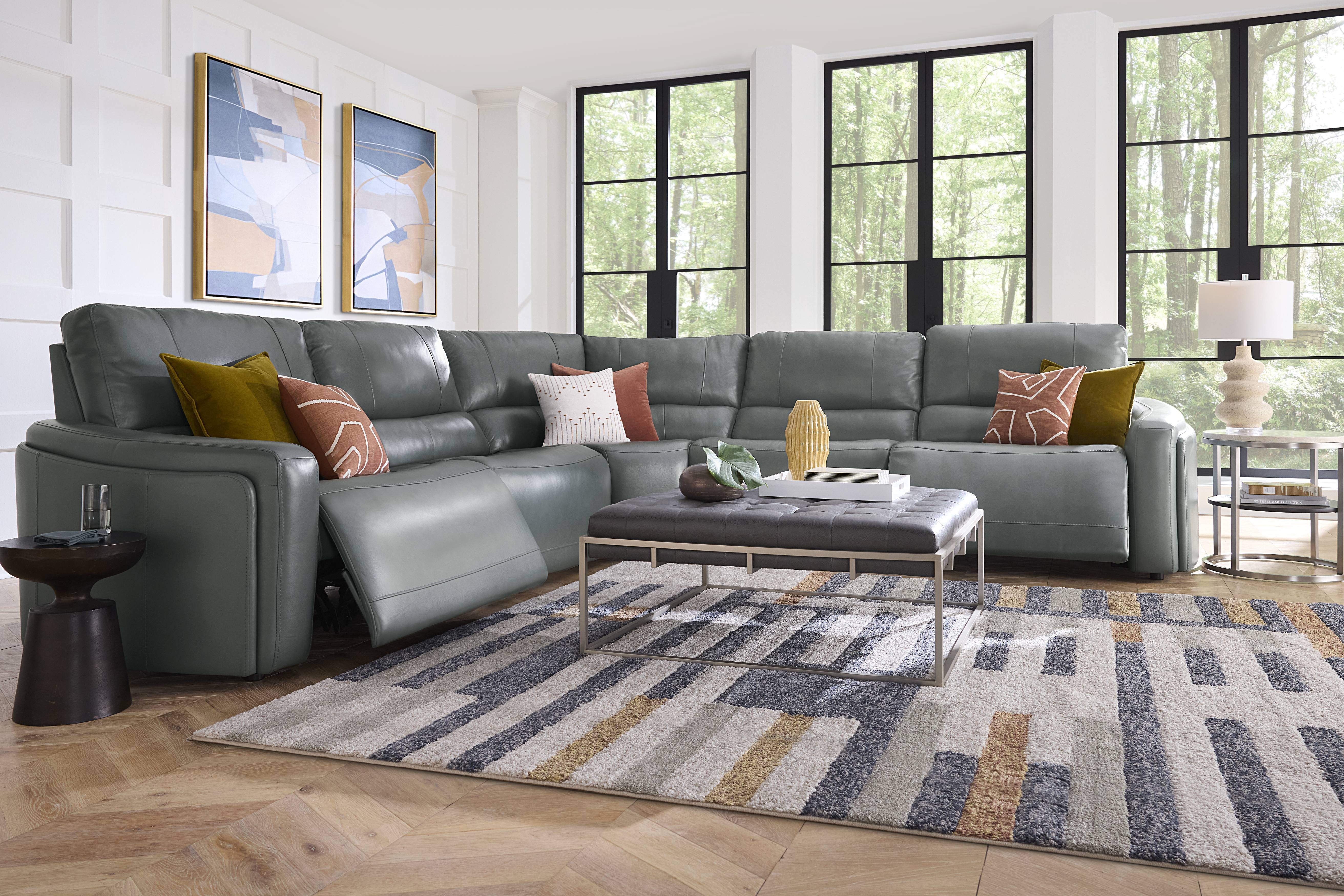 Cascade Way by Shaquille O'Neal Home Blue Leather 5 Pc Dual Power Reclining Sectional - Thumbnail - Image 2