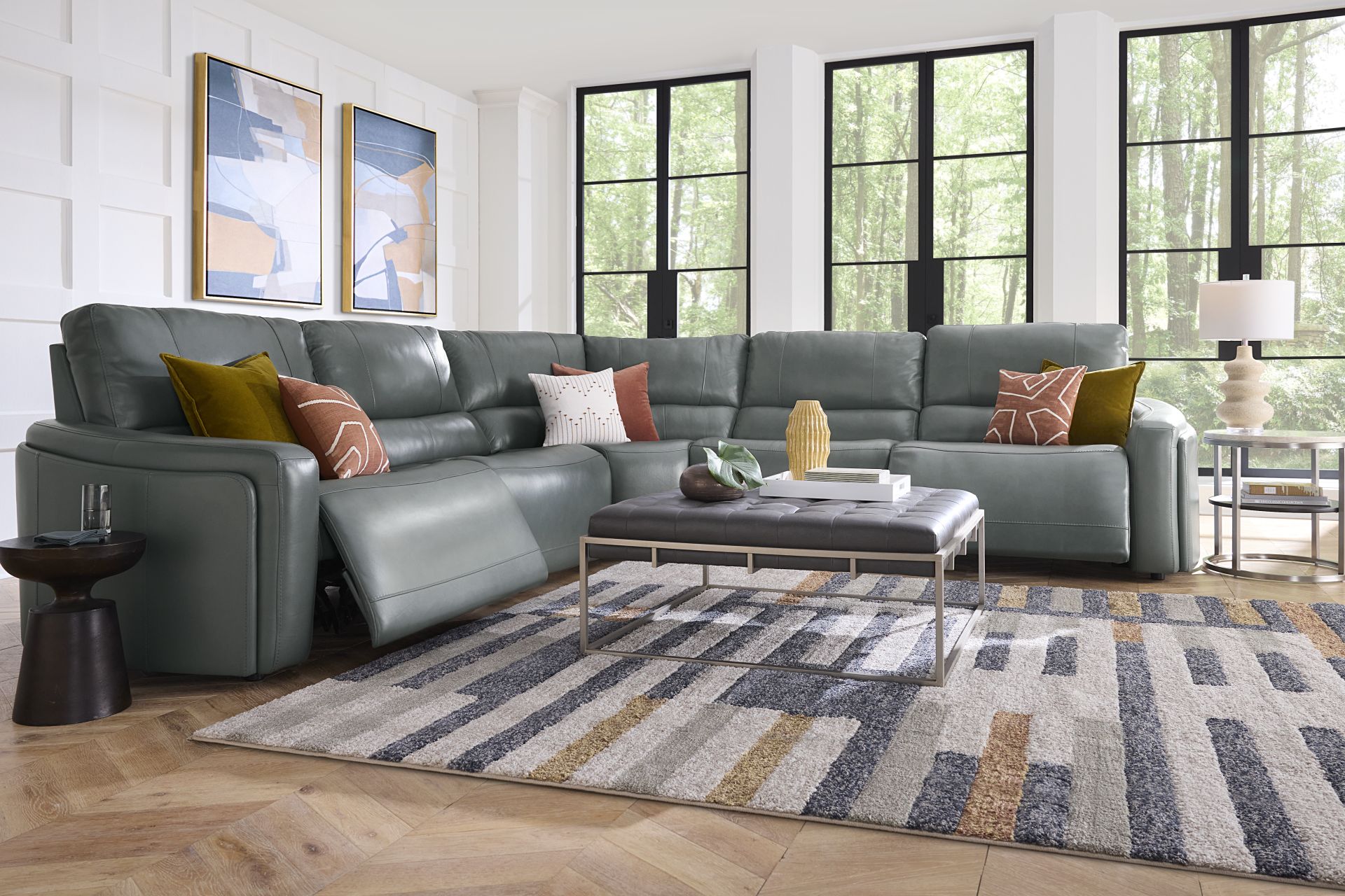 Cascade Way by Shaquille O'Neal Home Blue Leather 5 Pc Dual Power Reclining Sectional - Image 2