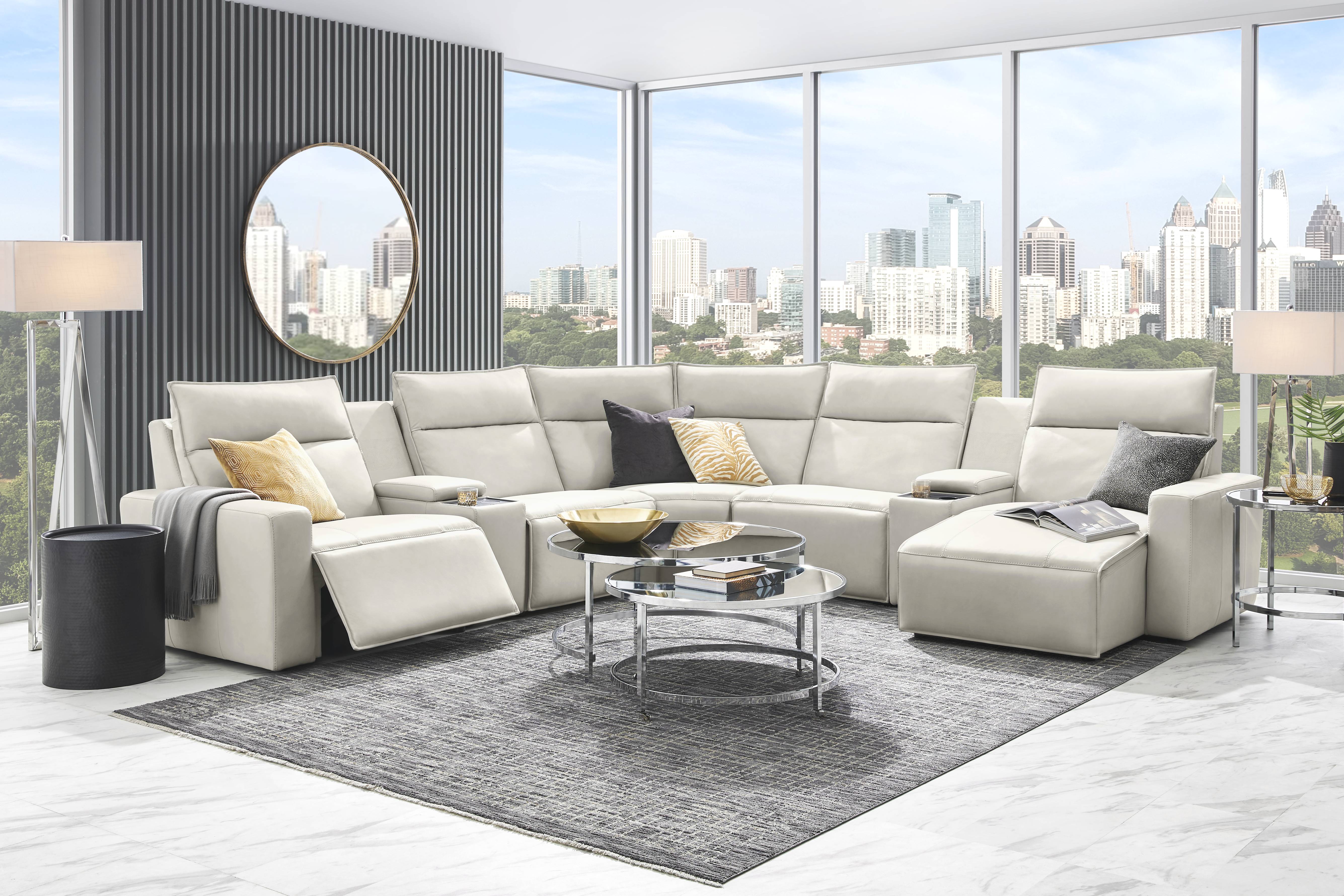 Light Gray Leather 7 Pc Dual Power Reclining ModularTwo with Media Consoles - Thumbnail - Image 2