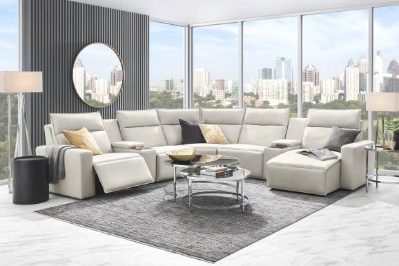 Light Gray Leather 7 Pc Dual Power Reclining ModularTwo with Media Consoles