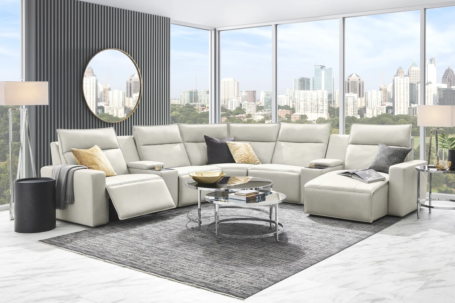Light Gray Leather 7 Pc Dual Power Reclining ModularTwo with Media Consoles - Image 1