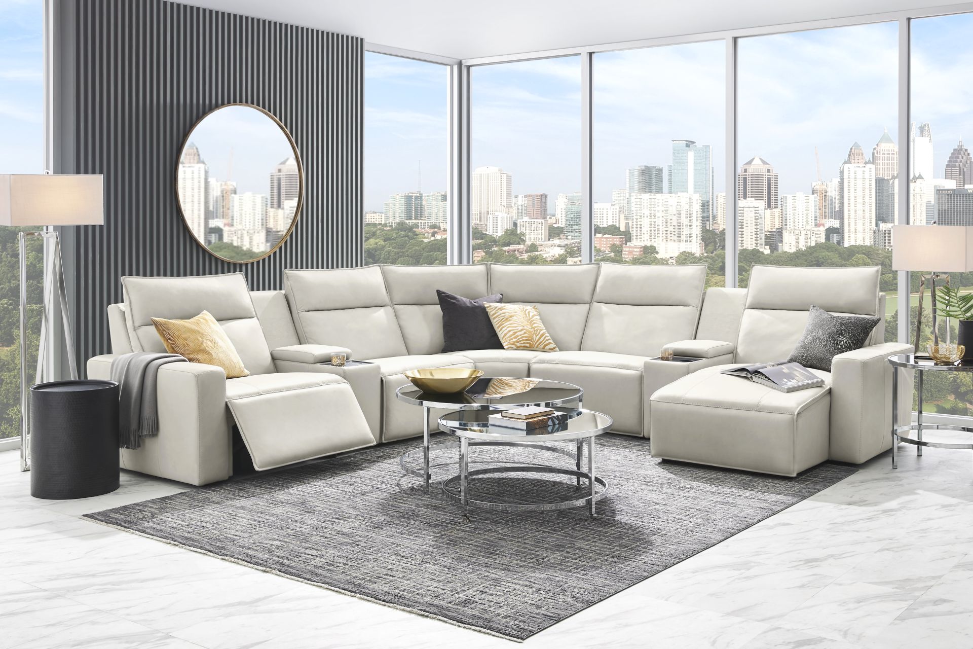 Light Gray Leather 7 Pc Dual Power Reclining ModularTwo with Media Consoles - Image 2