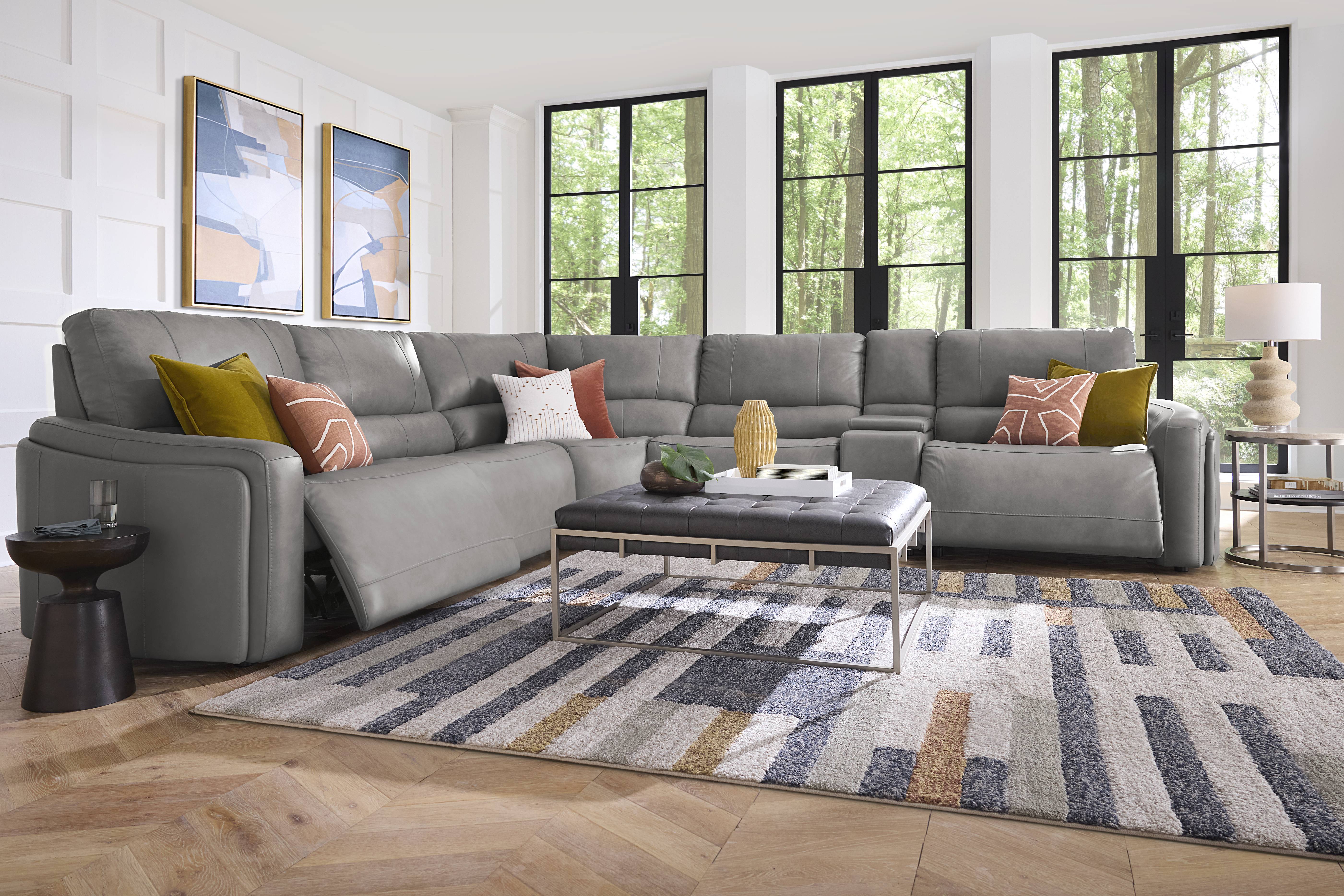 Cascade Way by Shaquille O'Neal Home Gray Leather 6 Pc Dual Power Reclining Sectional