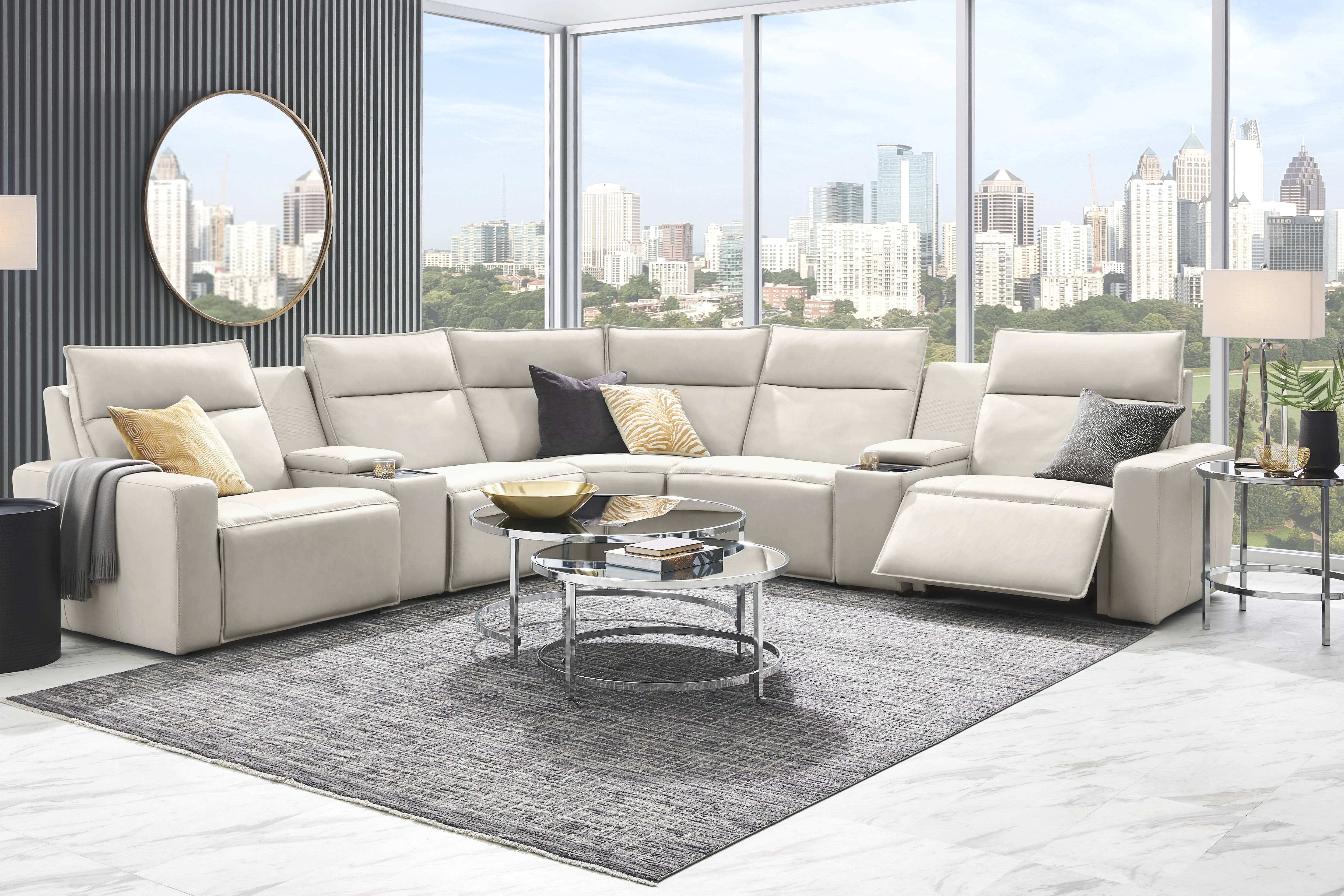 Light Gray Leather 7 Pc Dual Power Reclining ModularTwo with Media Consoles