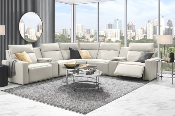 Light Gray Leather 7 Pc Dual Power Reclining ModularTwo with Media Consoles