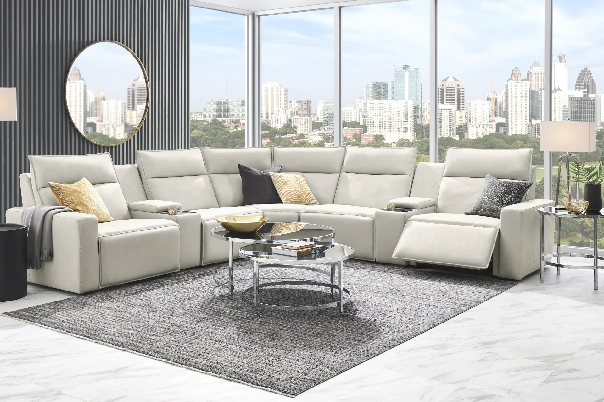 Light Gray Leather 7 Pc Dual Power Reclining ModularTwo with Media Consoles - Image 1
