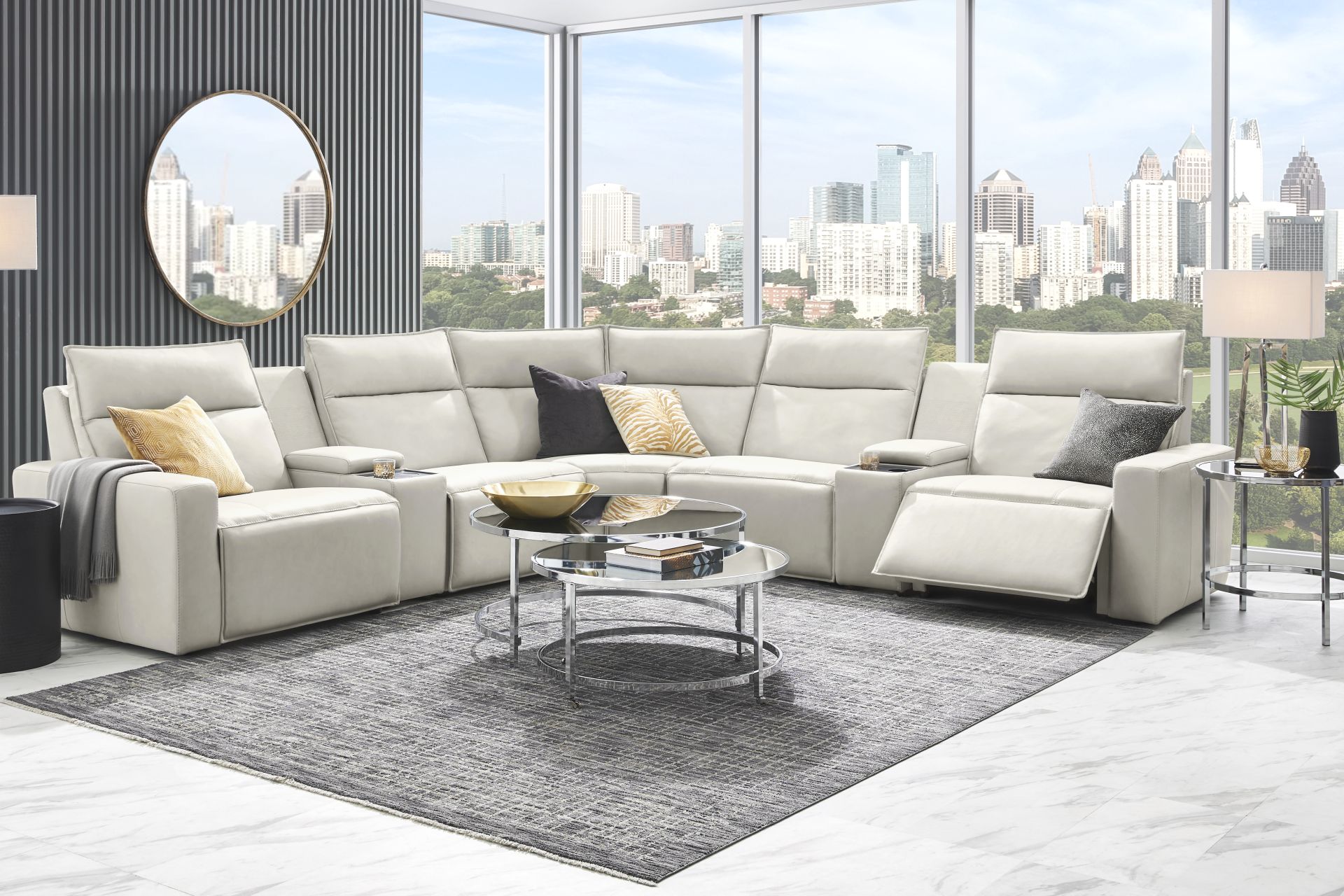 Light Gray Leather 7 Pc Dual Power Reclining ModularTwo with Media Consoles - Image 2