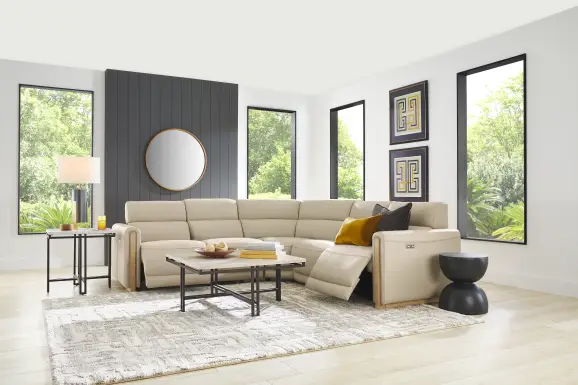 Stefano Almond Leather 5 Pc Dual Power Reclining Sectional