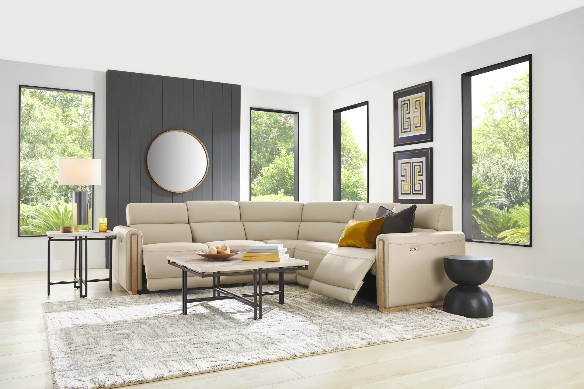 Stefano Almond Leather 5 Pc Dual Power Reclining Sectional - Image 2