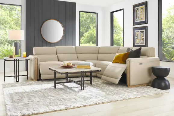 Stefano Almond Leather 5 Pc Dual Power Reclining Sectional