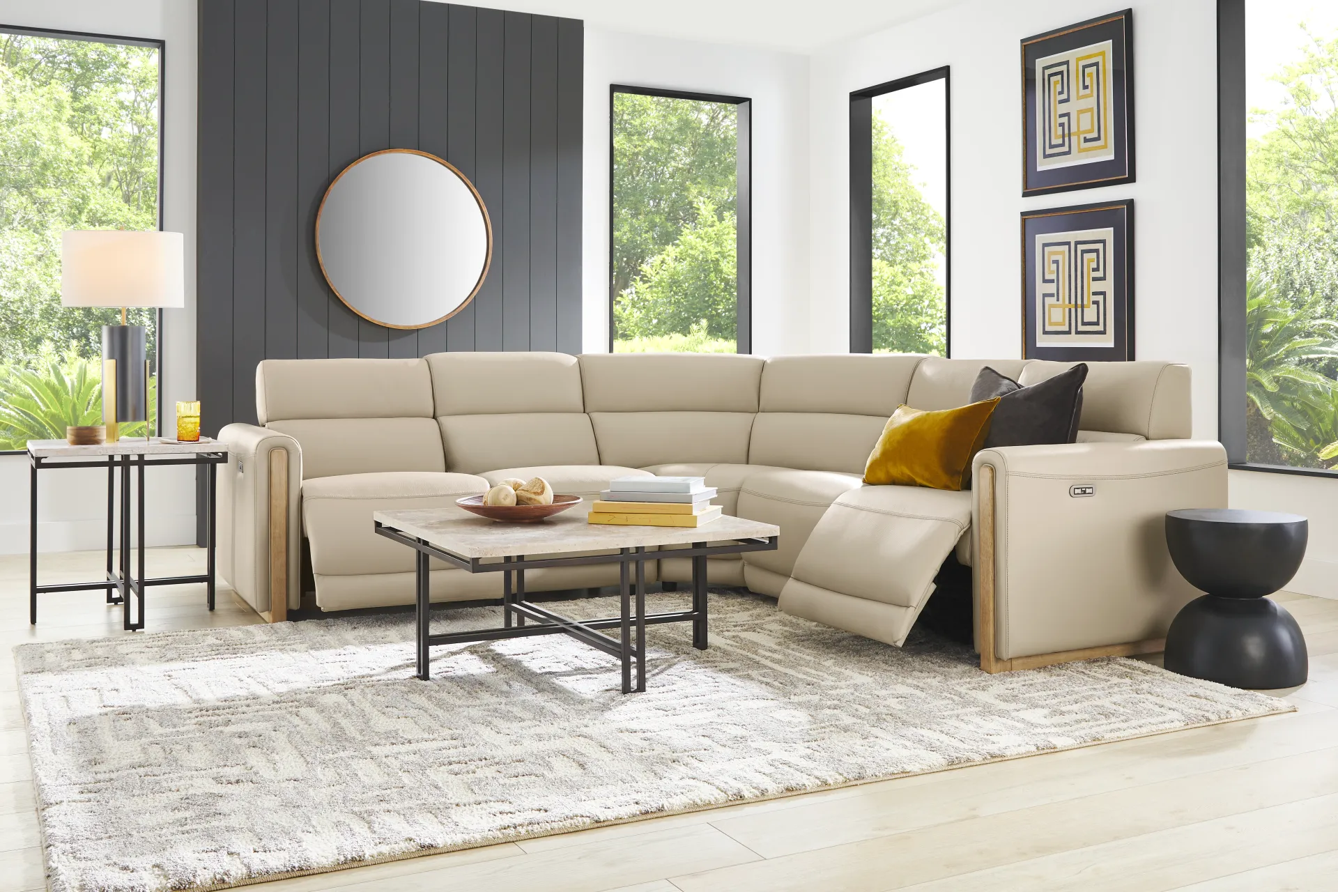 Stefano Taupe Leather 5 Pc Dual Power Reclining Sectional - Image 2