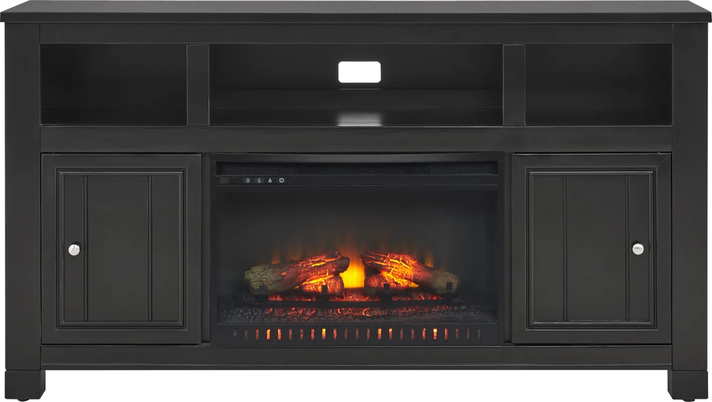 Lakeside Cottage Black 64 In. Console with Electric Log Fireplace