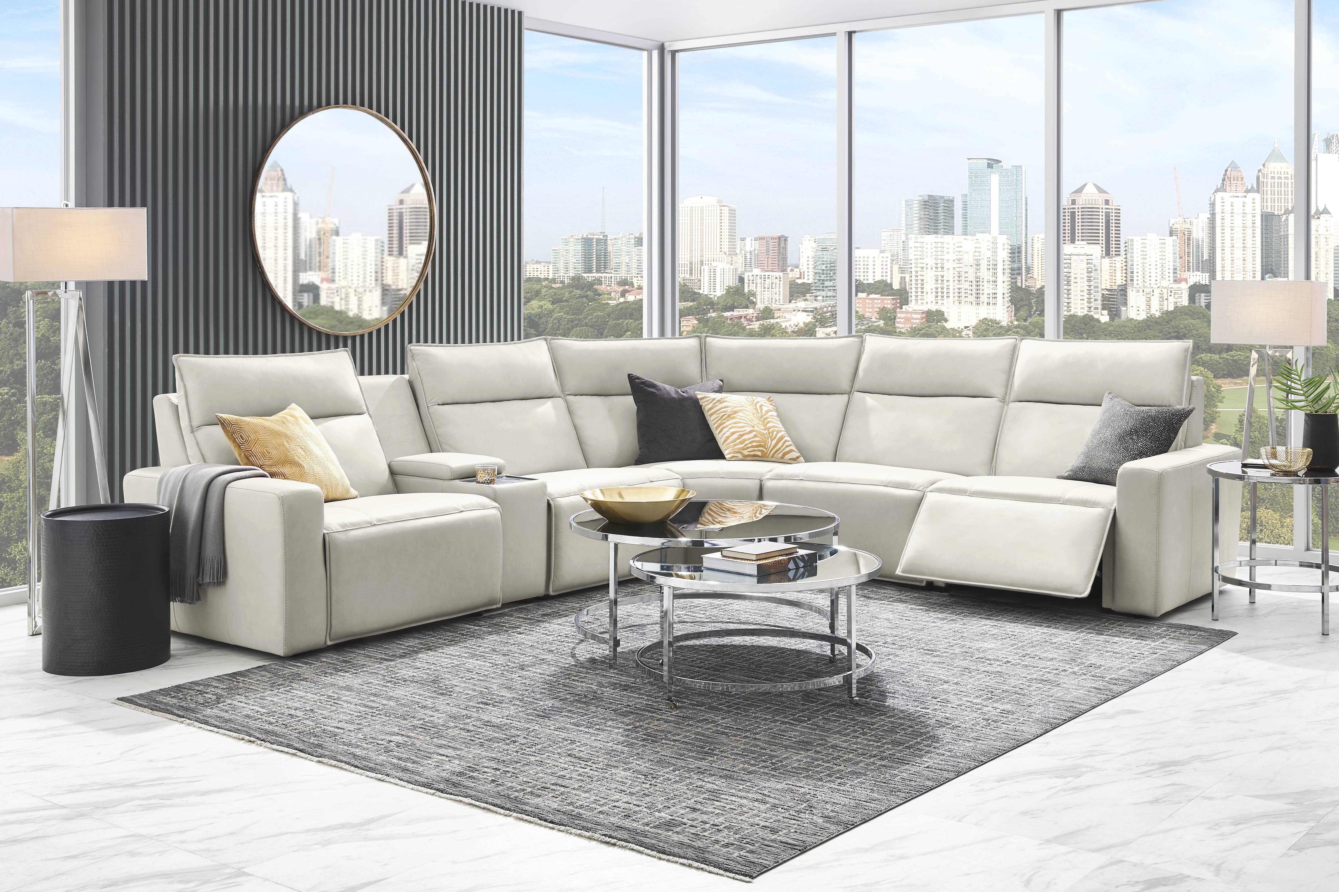 Light Gray Leather 6 Pc Dual Power Reclining ModularTwo with Media Console