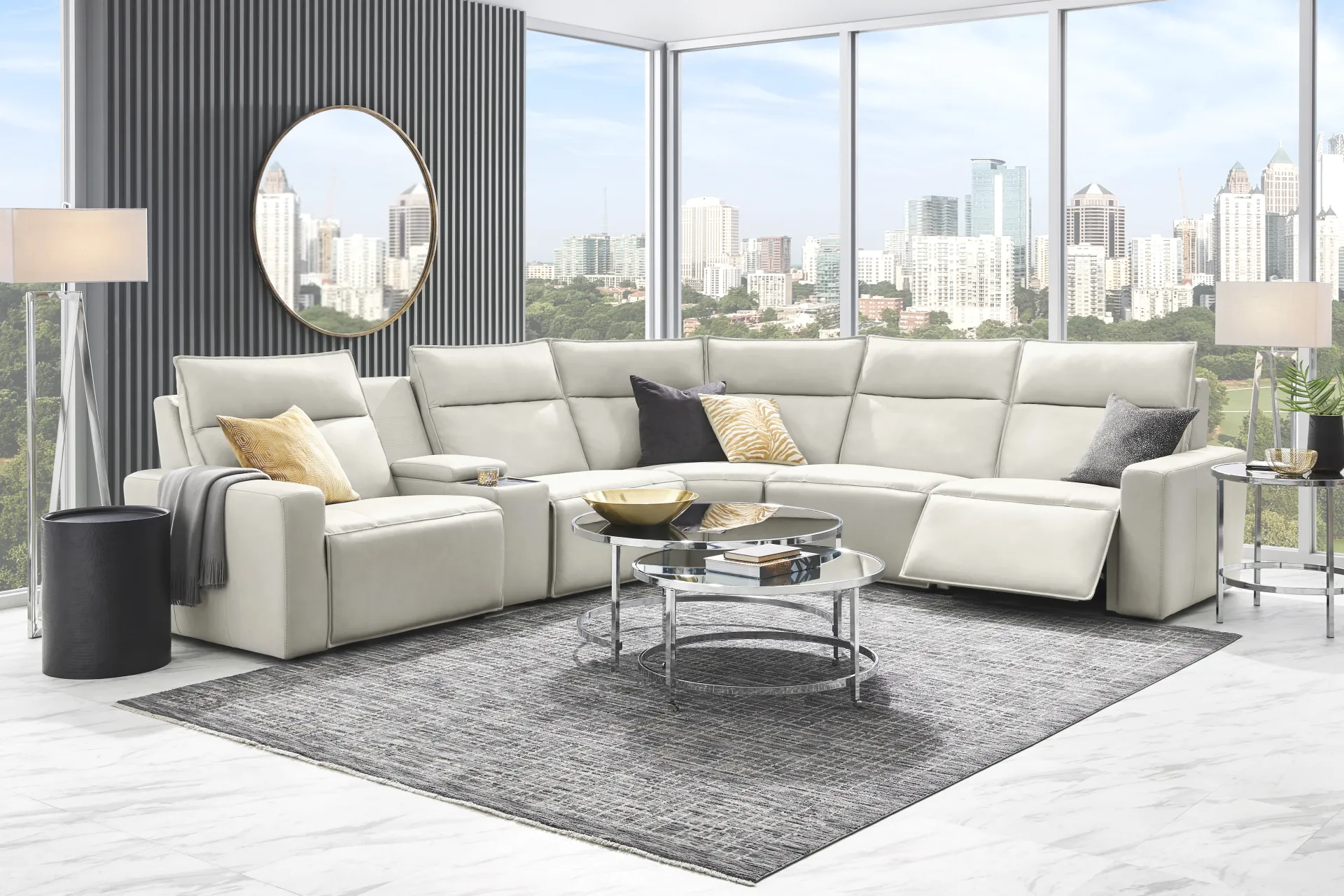 Light Gray Leather 6 Pc Dual Power Reclining ModularTwo with Media Console - Image 1
