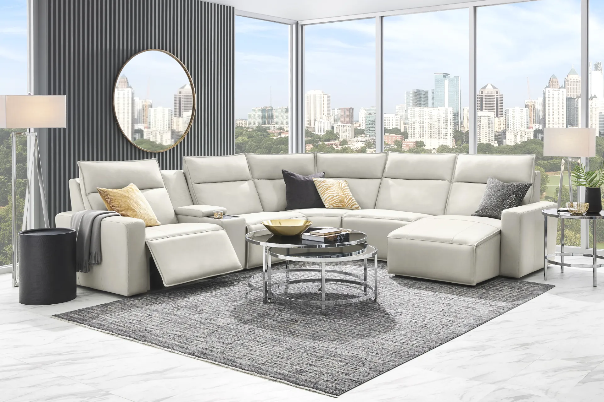Light Gray Leather 6 Pc Dual Power Reclining ModularTwo with Media Console - Image 1