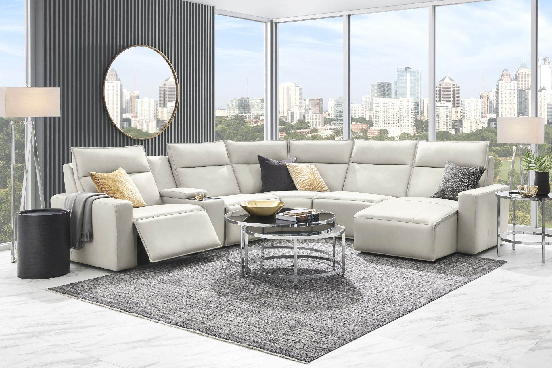 Light Gray Leather 6 Pc Dual Power Reclining ModularTwo with Media Console - Image 2