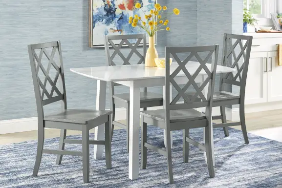 Concord White 5 Pc Drop Leaf Dining Room with Gray Diamond Back Chairs