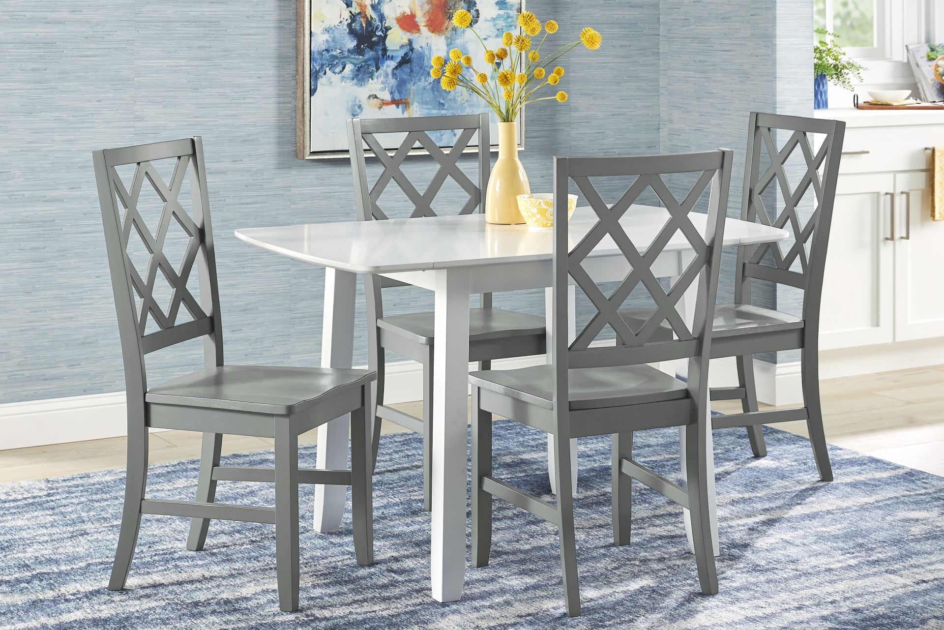 Concord White 5 Pc Drop Leaf Dining Room with Gray Diamond Back Chairs - Image 1