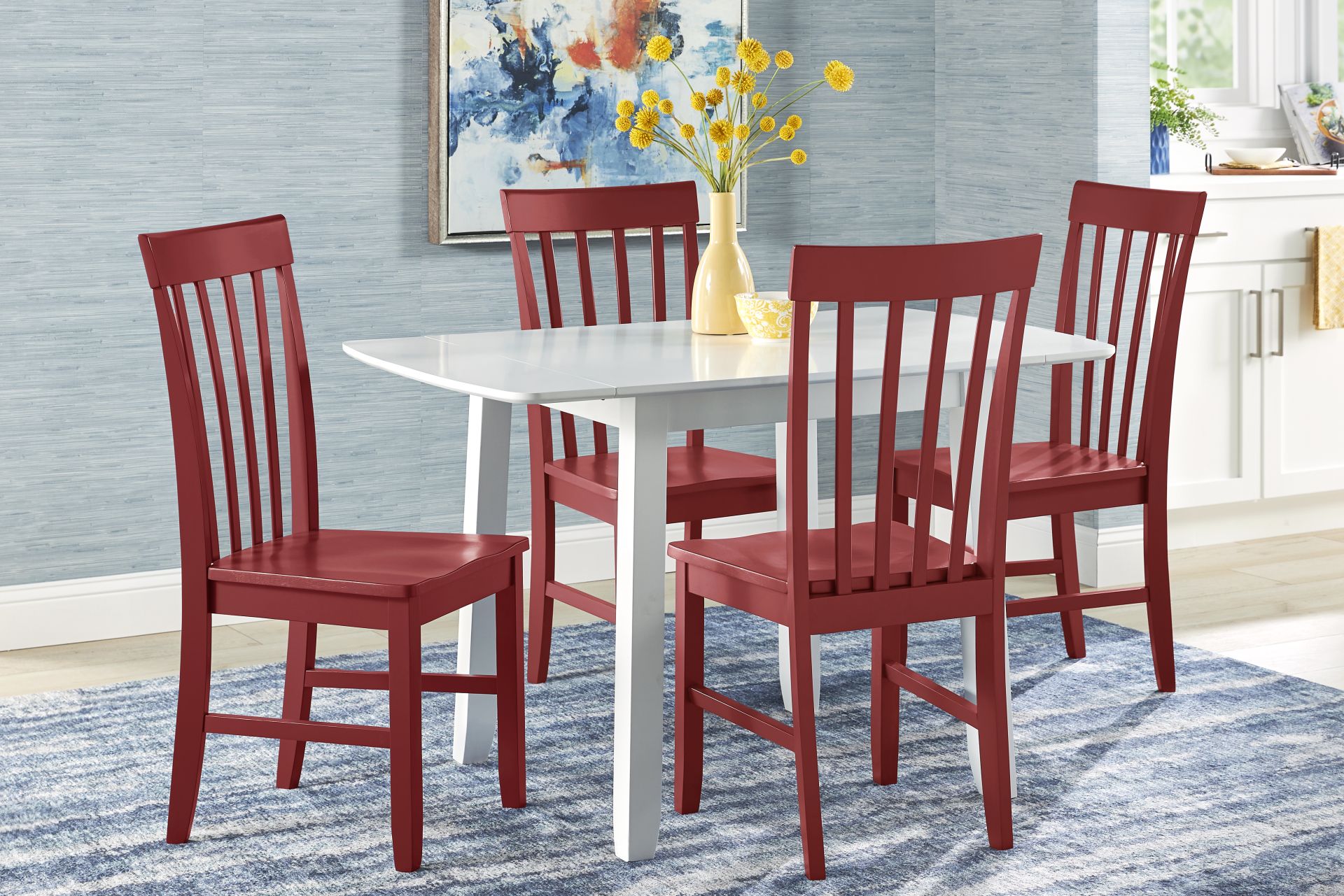 Concord White 5 Pc Drop Leaf Dining Room with Red Slat Back Chairs - Image 1