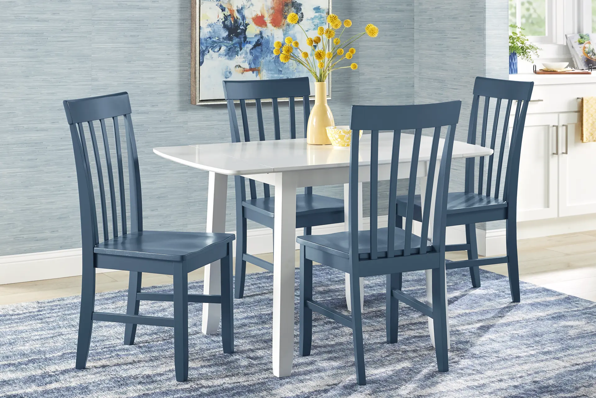 Concord White 5 Pc Drop Leaf Dining Room with Blue Slat Back Chairs