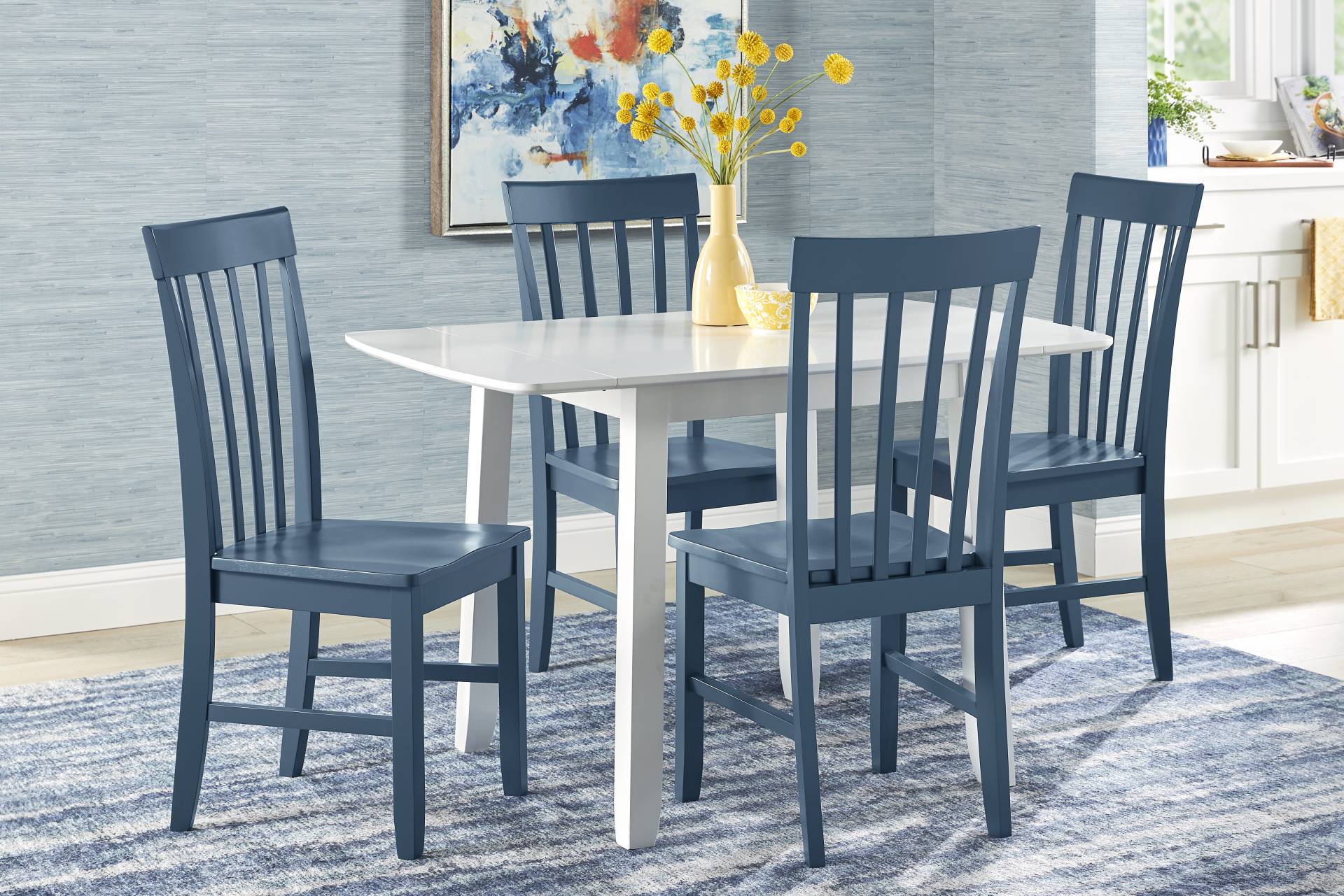 Concord White 5 Pc Drop Leaf Dining Room with Blue Slat Back Chairs full room