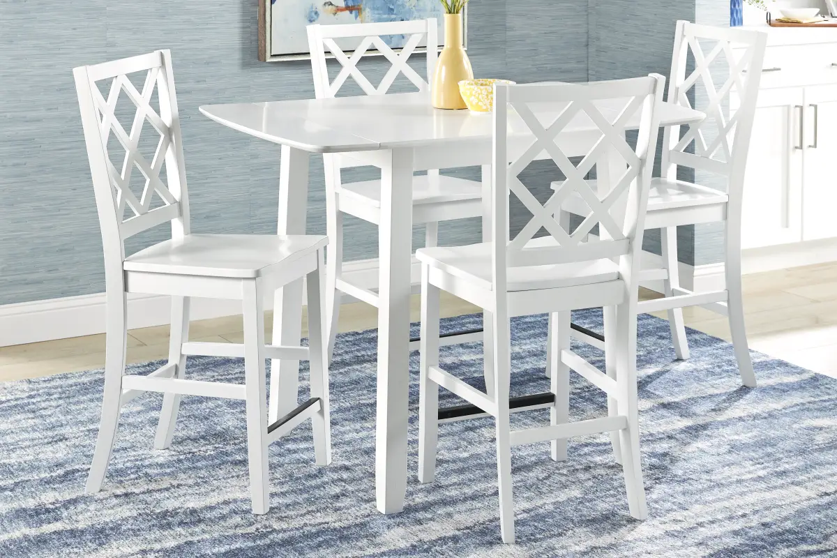 Concord White 5 Pc Counter Height Drop Leaf Dining Room with White Diamond Back Stools