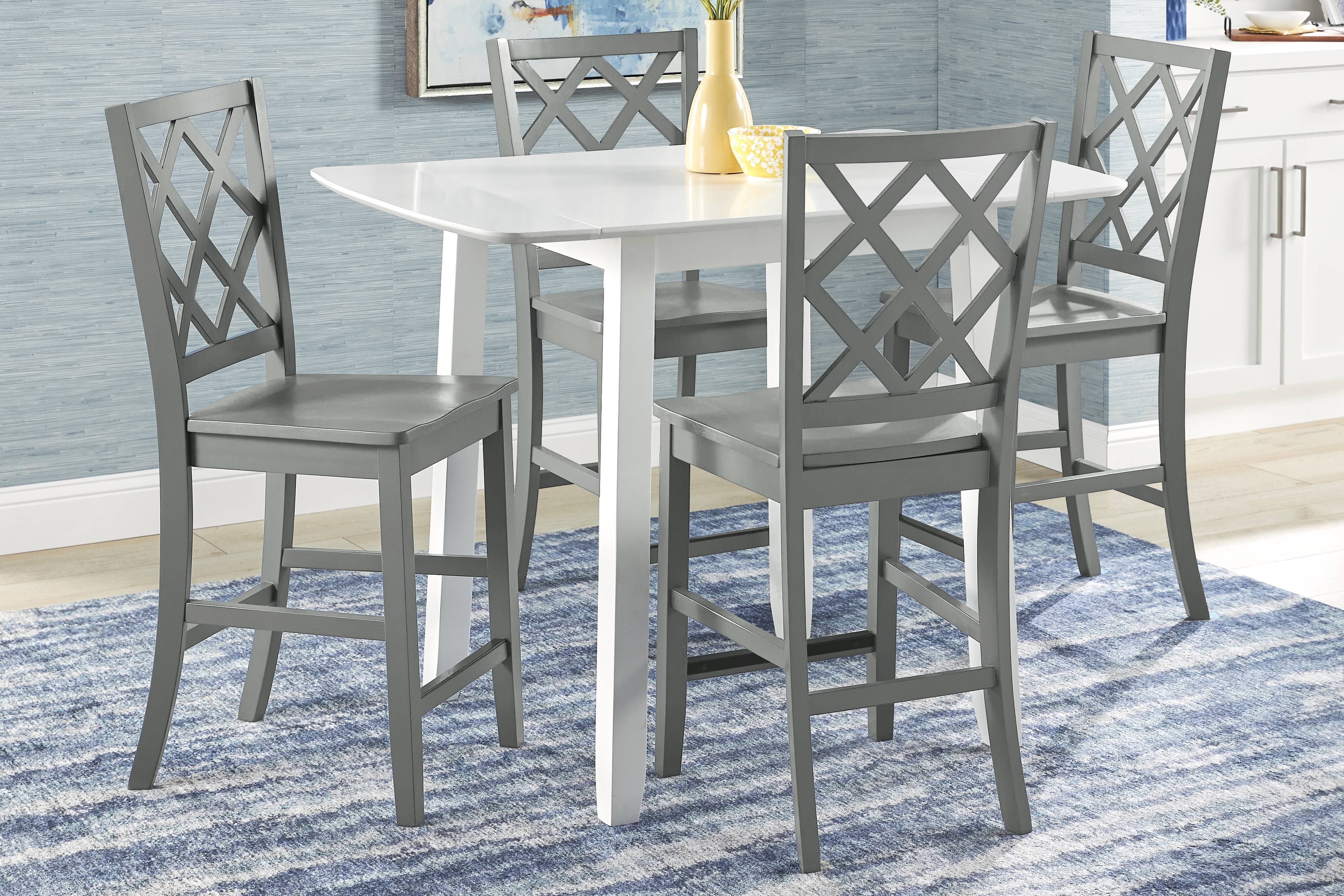 Concord White 5 Pc Counter Height Drop Leaf Dining Room with Gray Diamond Back Stools - Thumbnail - Image 1