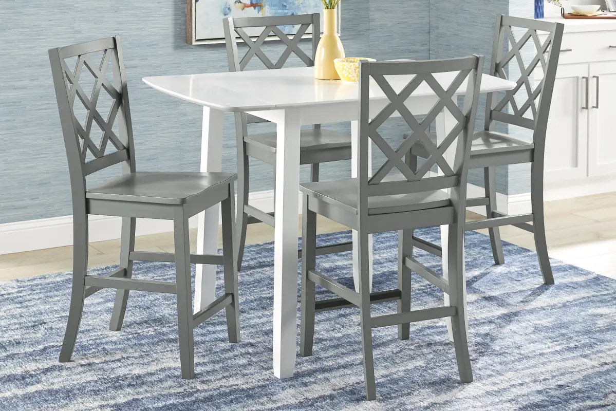 Concord White 5 Pc Counter Height Drop Leaf Dining Room with Gray Diamond Back Stools