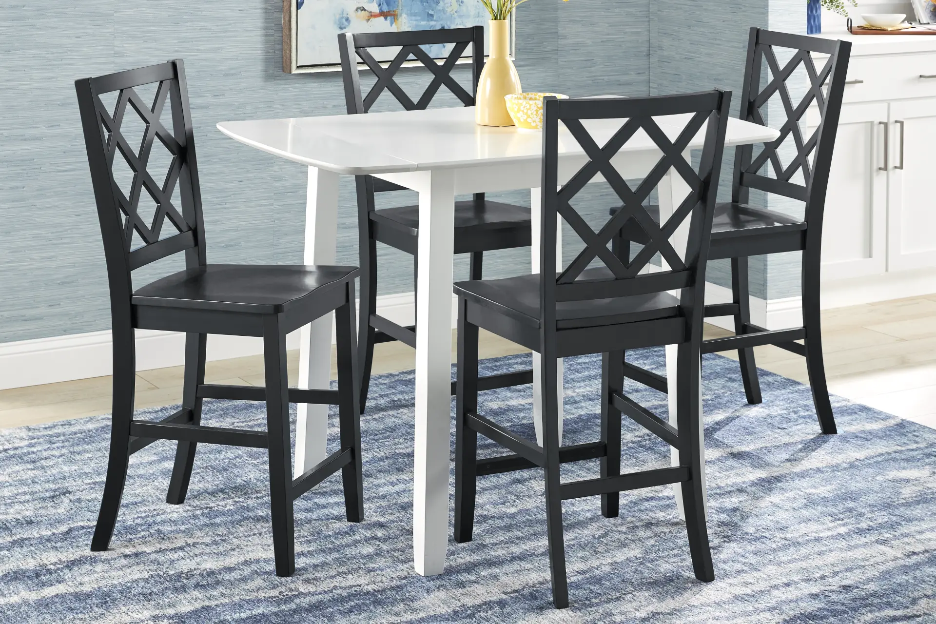 Concord White 5 Pc Counter Height Drop Leaf Dining Room with Black Diamond Back Stools