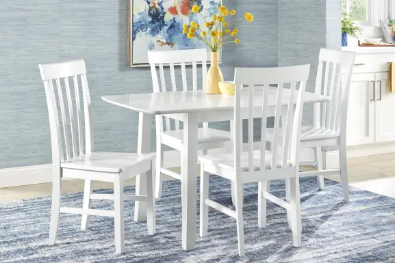 Concord White 5 Pc Drop Leaf Dining Room with White Slat Back Chairs