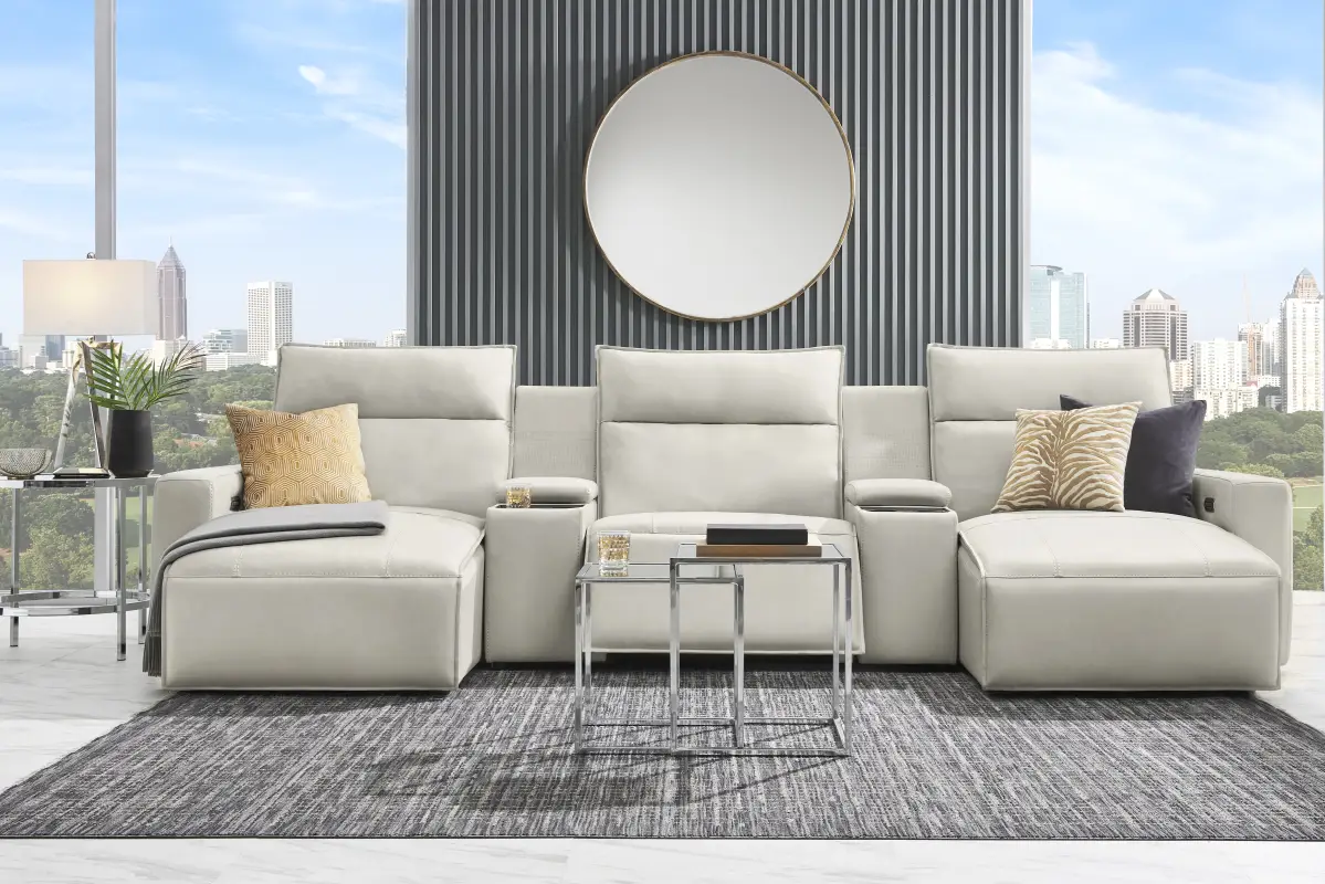 Light Gray Leather 5 Pc Dual Power Reclining ModularTwo with Media Consoles