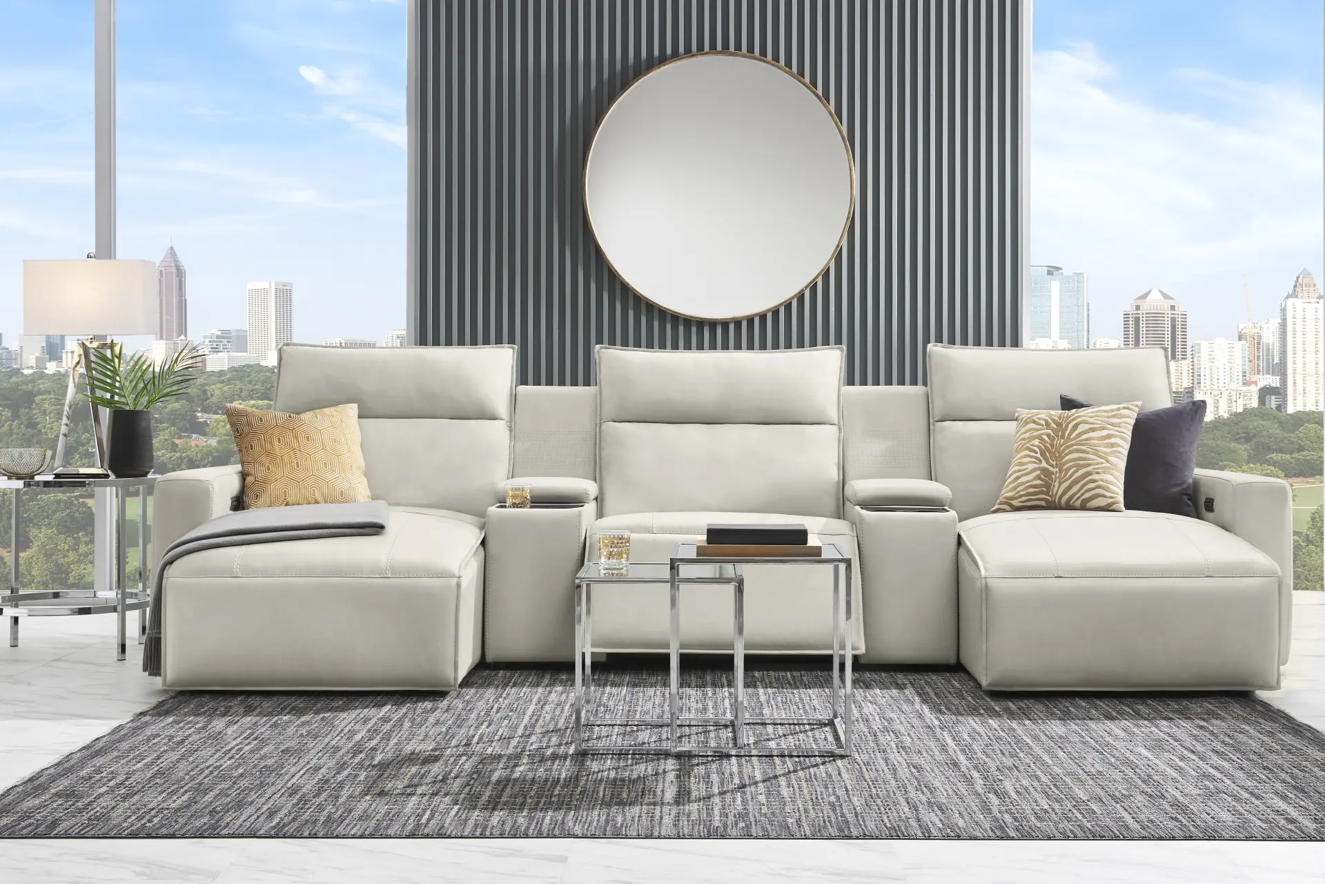 Light Gray Leather 5 Pc Dual Power Reclining ModularTwo with Media Consoles