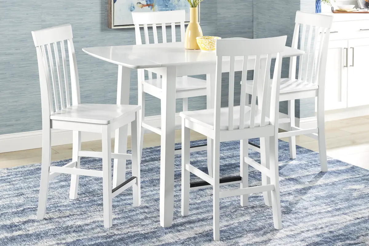 Concord White 5 Pc Counter Height Drop Leaf Dining Room with White Slat Back Stools