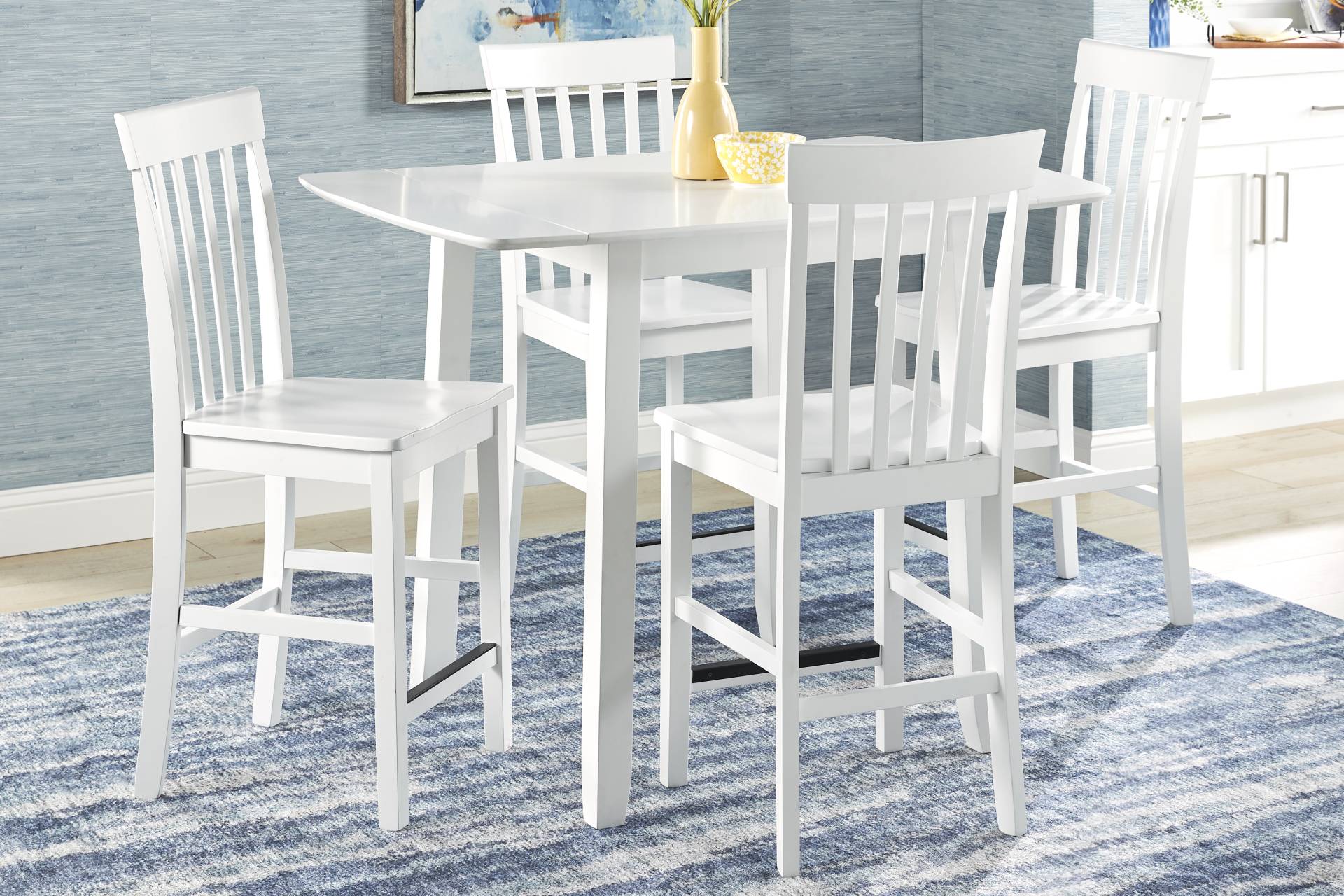 Concord White 5 Pc Counter Height Drop Leaf Dining Room with White Slat Back Stools full room