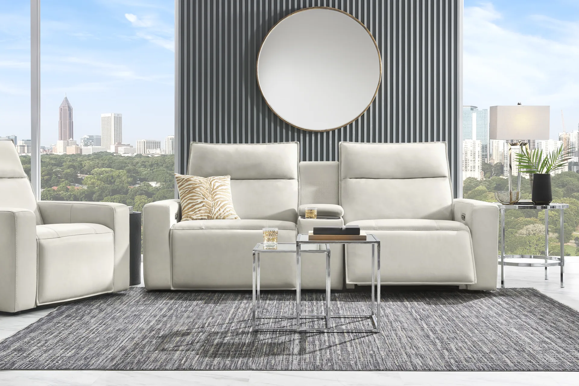 Light Gray Leather 3 Pc Dual Power Reclining ModularTwo with Media Console - Image 1