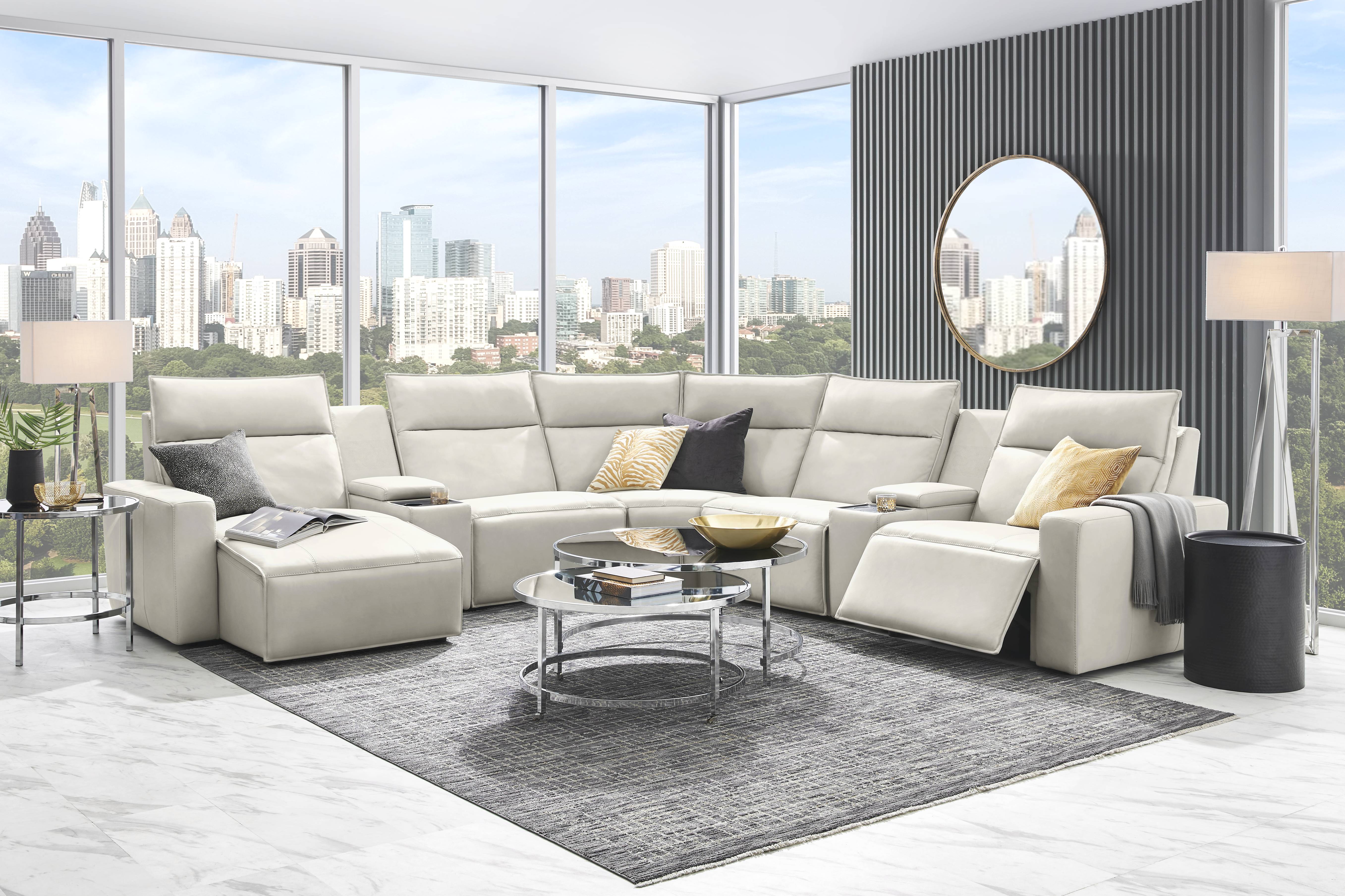 Light Gray Leather 7 Pc Dual Power Reclining ModularTwo with Media Consoles