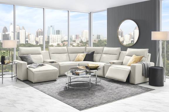 Light Gray Leather 7 Pc Dual Power Reclining ModularTwo with Media Consoles