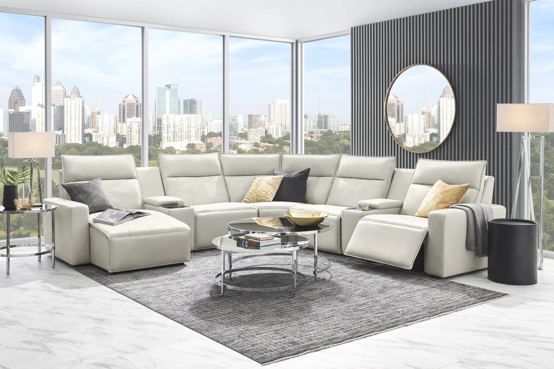 Light Gray Leather 7 Pc Dual Power Reclining ModularTwo with Media Consoles - Image 1