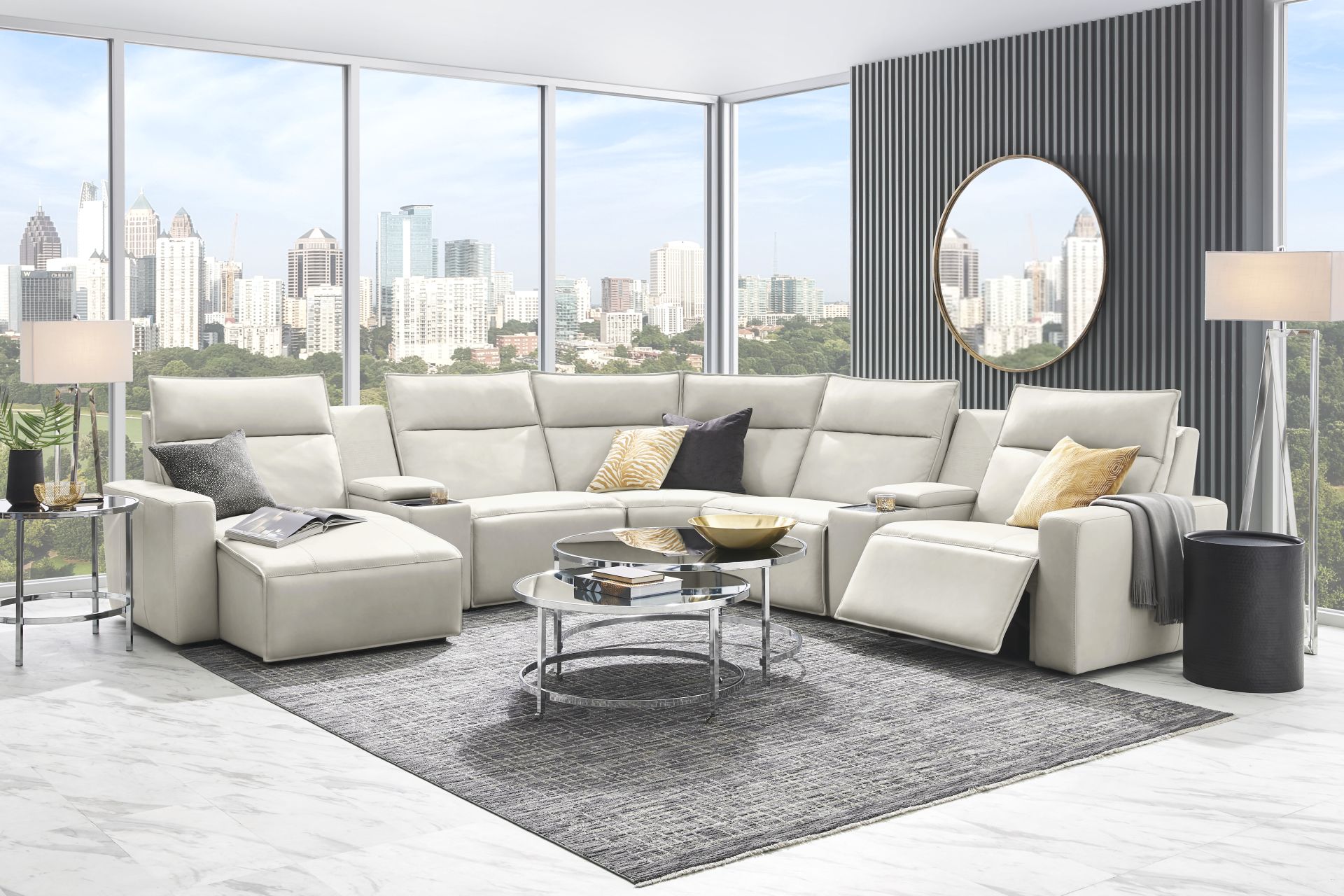 Light Gray Leather 7 Pc Dual Power Reclining ModularTwo with Media Consoles - Image 2