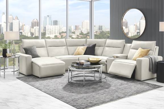 Light Gray Leather 6 Pc Dual Power Reclining ModularTwo with Media Console