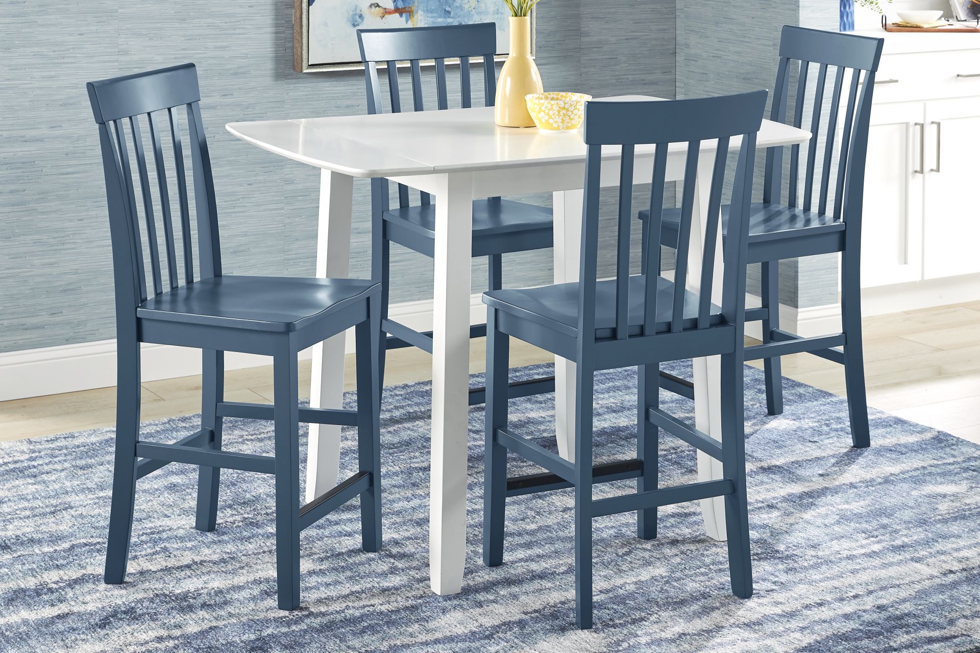 Concord White 5 Pc Counter Height Drop Leaf Dining Room with Blue Slat Back Stools - Image 1