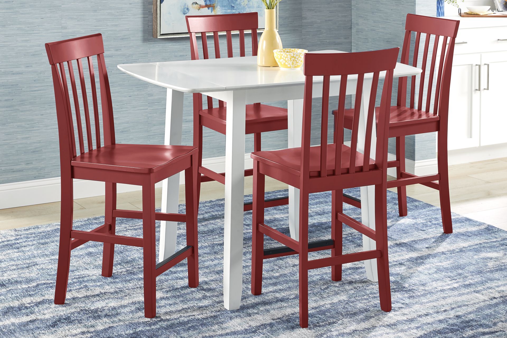 Concord White 5 Pc Counter Height Drop Leaf Dining Room with Red Slat Back Stools - Image 1